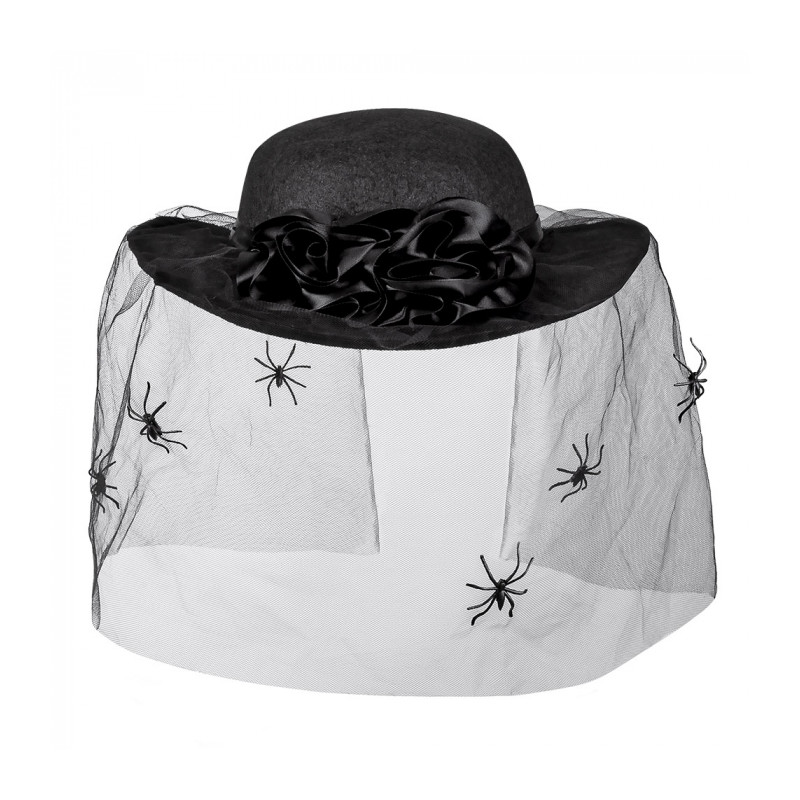 Dámska čierna čiapka so závojom a pavúkmi